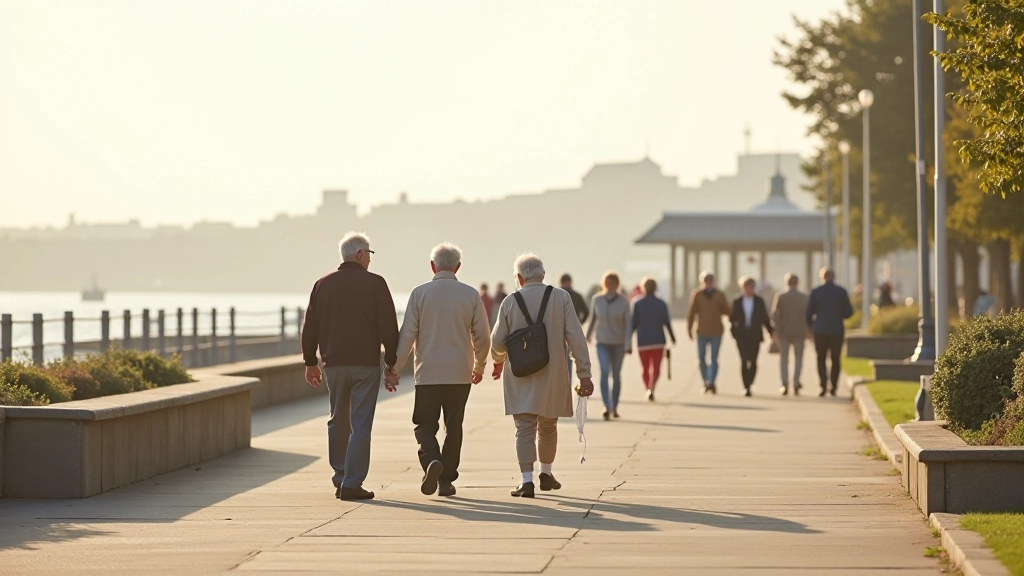 Seniors enjoying a leisurely walk along Dún Laoghaire seafront promenade on a beautiful day