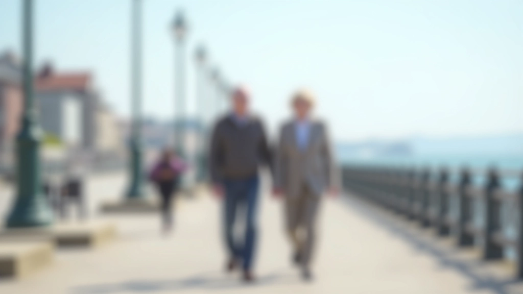 Couple walking along flat seaside promenade with modern street lamps and safety railings on sunny afternoon