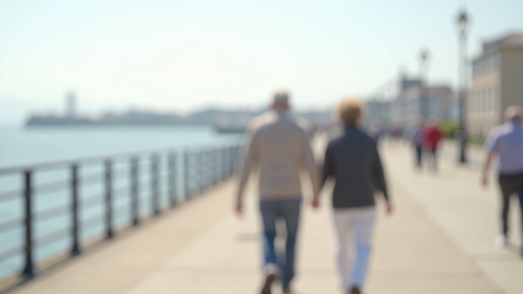 Elderly couple enjoying a leisurely walk along Dún Laoghaire promenade on a bright sunny morning, sea and pier visible in background