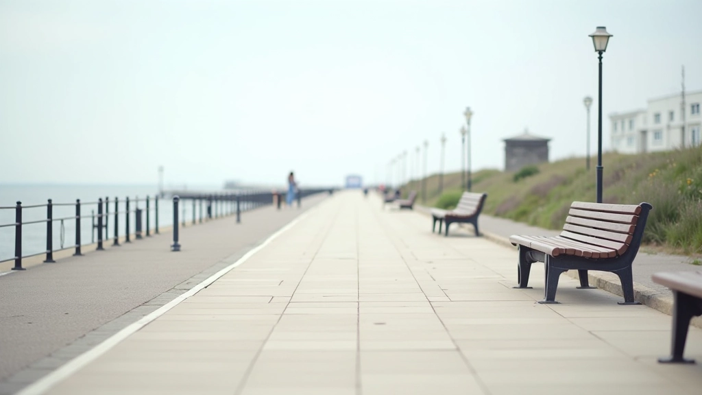 Flat coastal promenade path with benches, gentle seafront route, easy walking path