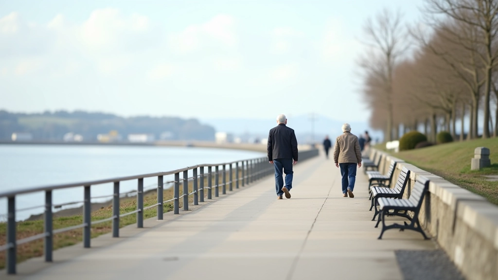 Flat seaside promenade path with benches, railings, and peaceful coastal scenery for easy walking