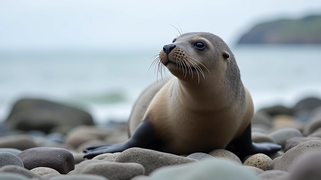Grey seal resting on rocky outcrops, head up alert, coastal pier background, sharp focus
