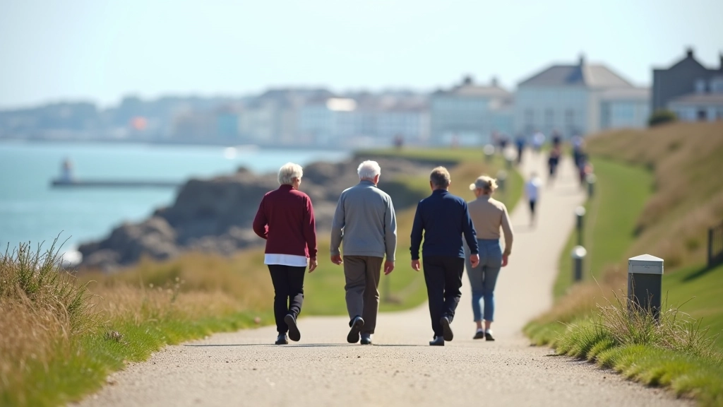Group of active retirees walking together on a coastal path