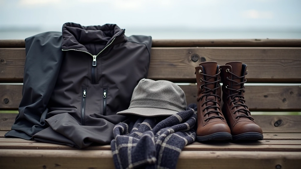 Close-up of outdoor clothing layers displayed on wooden bench - windproof jacket, scarf, and comfortable walking shoes arranged neatly