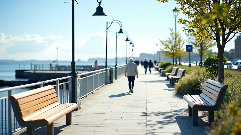Well-maintained seaside path with benches and railings designed for comfortable senior walks