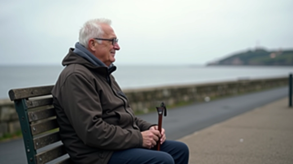 Person sitting on seaside bench with walking stick beside them, enjoying coastal views on mild day