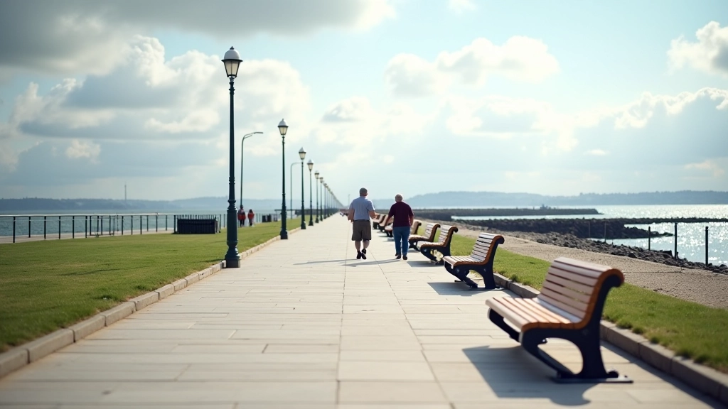 Promenade walkway with benches and coastal views