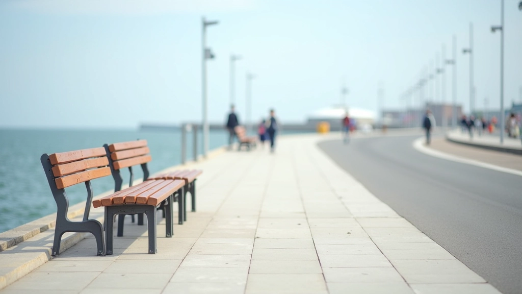 Scenic view of Dún Laoghaire promenade with multiple wooden benches along the seafront path, sea and boats visible, bright afternoon light