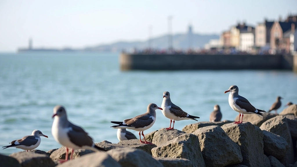 Seabirds including gulls and cormorants on rocks and in water at Dún Laoghaire, with historic buildings visible on the shore