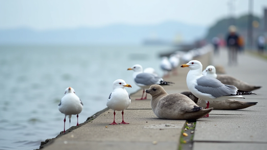 Seagulls and seals near the water's edge at Dún Laoghaire with natural wildlife in their habitat