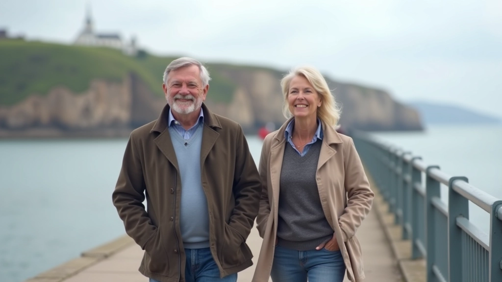 Senior couple enjoying a peaceful walk along Dún Laoghaire seafront on a bright morning with coastal views