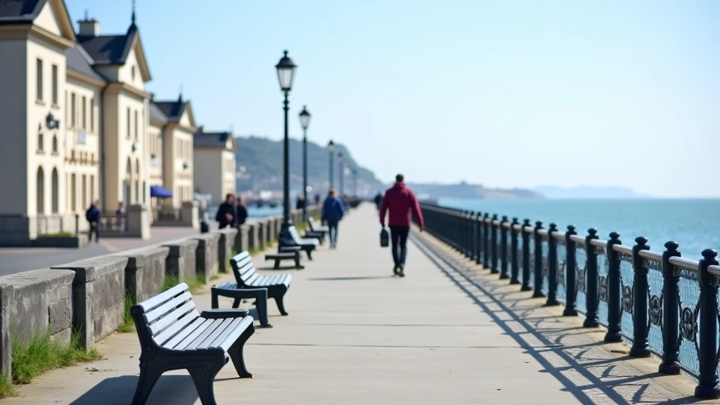 West Pier with Victorian-era structures and green spaces along the promenade, benches visible