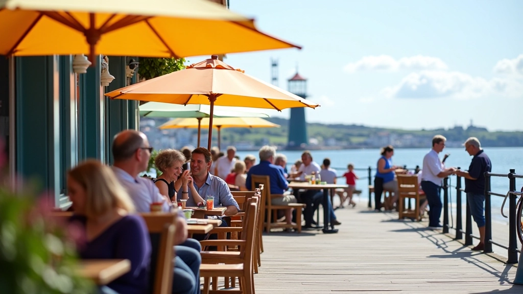 Outdoor cafe seating area with colorful umbrellas and wooden chairs overlooking the waterfront, customers relaxing with drinks and snacks