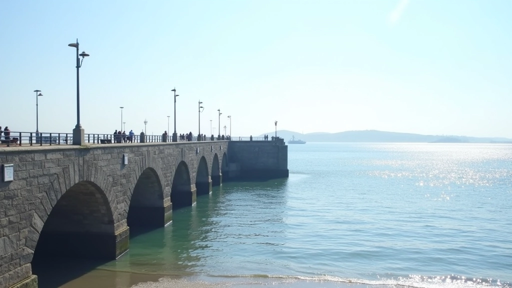 Scenic view of Dún Laoghaire pier with historic architecture and sea birds in natural daylight